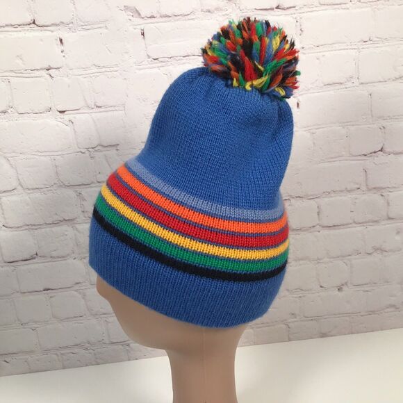 Vintage Meister Knit Beanie Ski Hat 100% New Wool Rainbow Stripe Pompom Ball - Picture 5 of 8